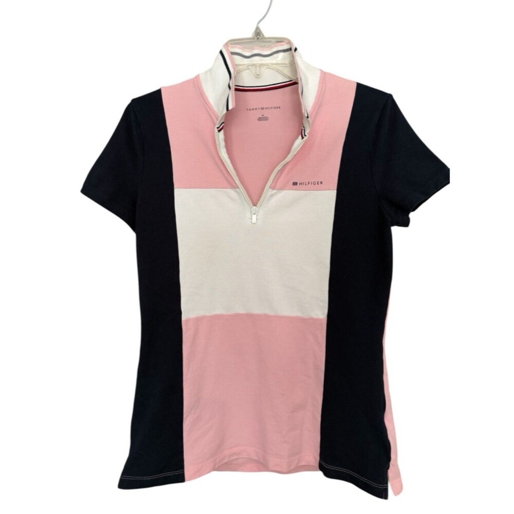 Tommy Hilfiger Pink, White & Black Colorblock Short-Sleeve Quarter-Zip Top